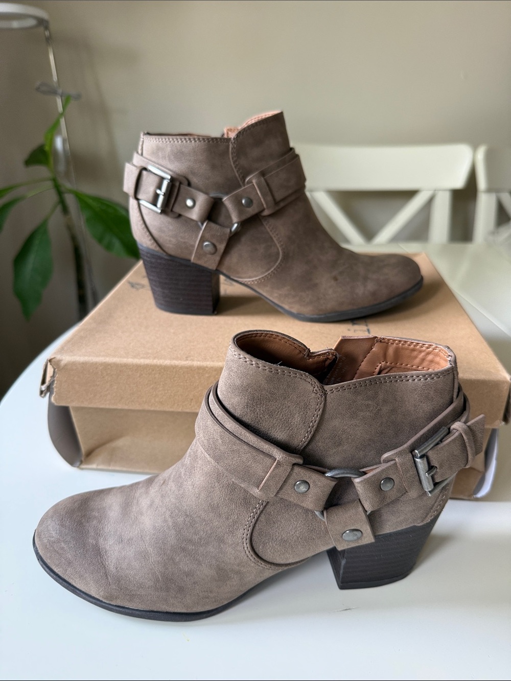 Indigo Taupe Suede Ankle Booties with Buckle Strap
